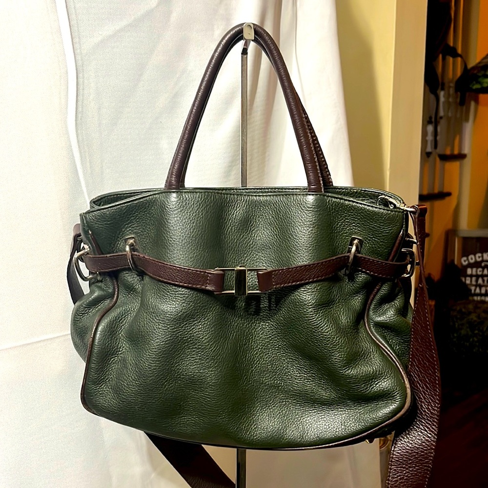 Dark Green Leather Shoulder Bag with Brown Accents